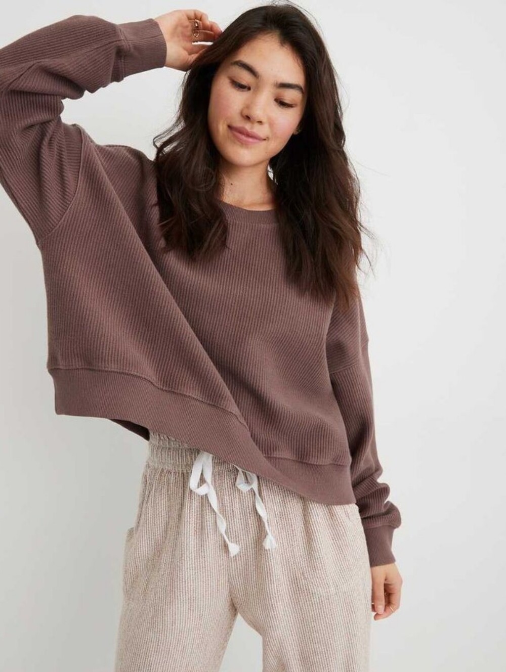 Aerie New Love Brown Ribbed Corduroy Cropped Crewneck Sweatshirt